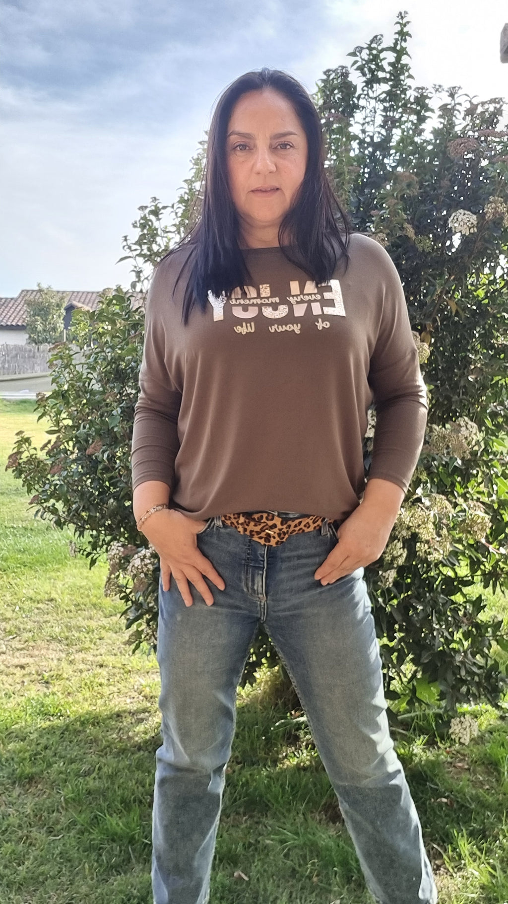 Polera Manga 3/4 Cuadrados Dorados