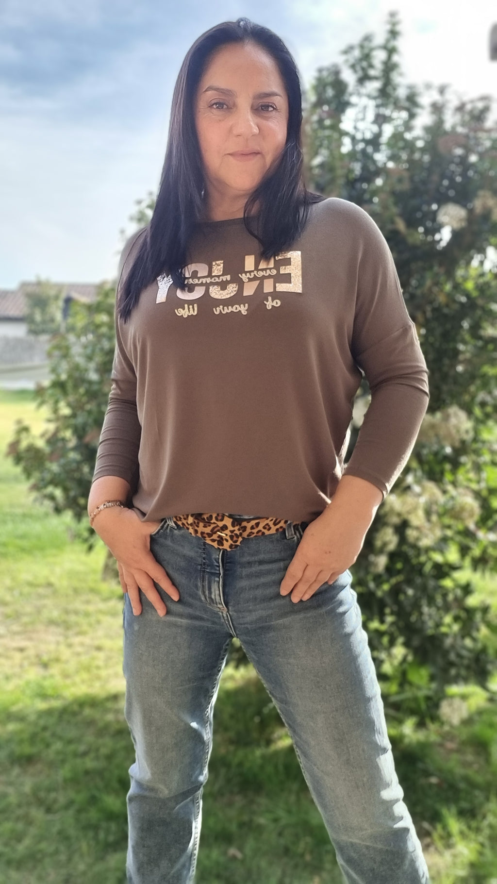 Polera Manga 3/4 Cuadrados Dorados