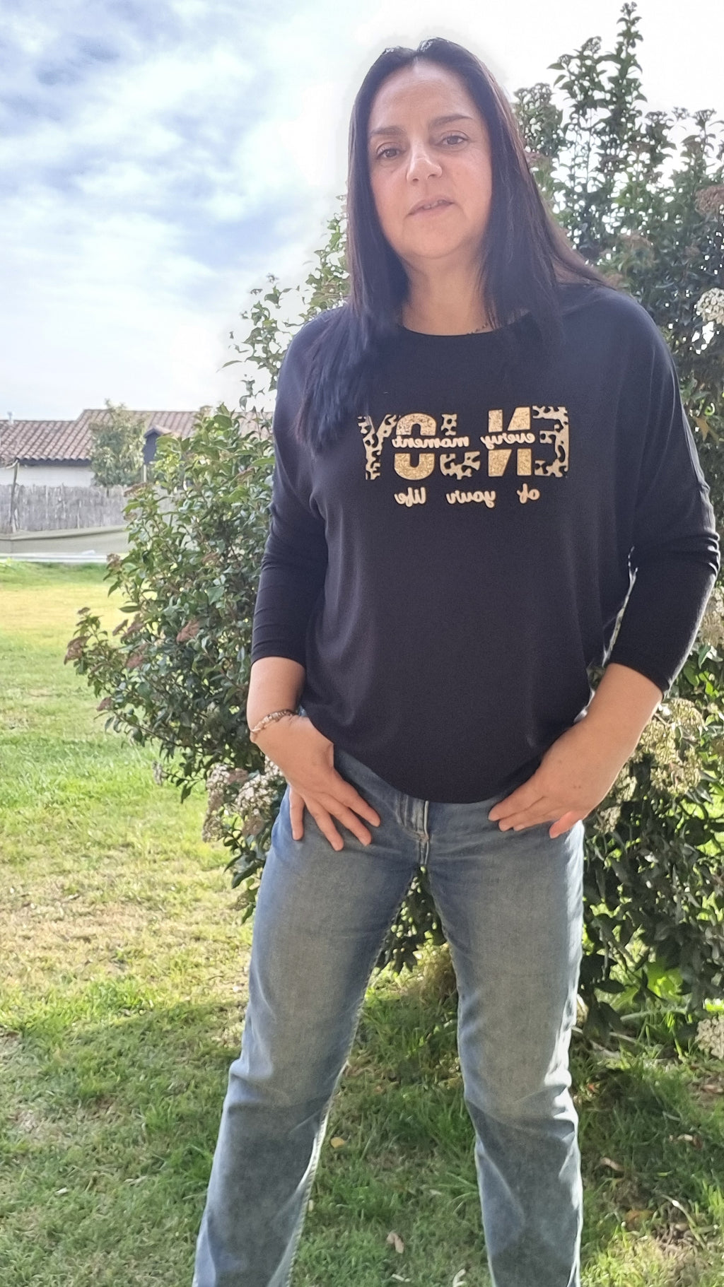 Polera Manga 3/4 Cuadrados Dorados