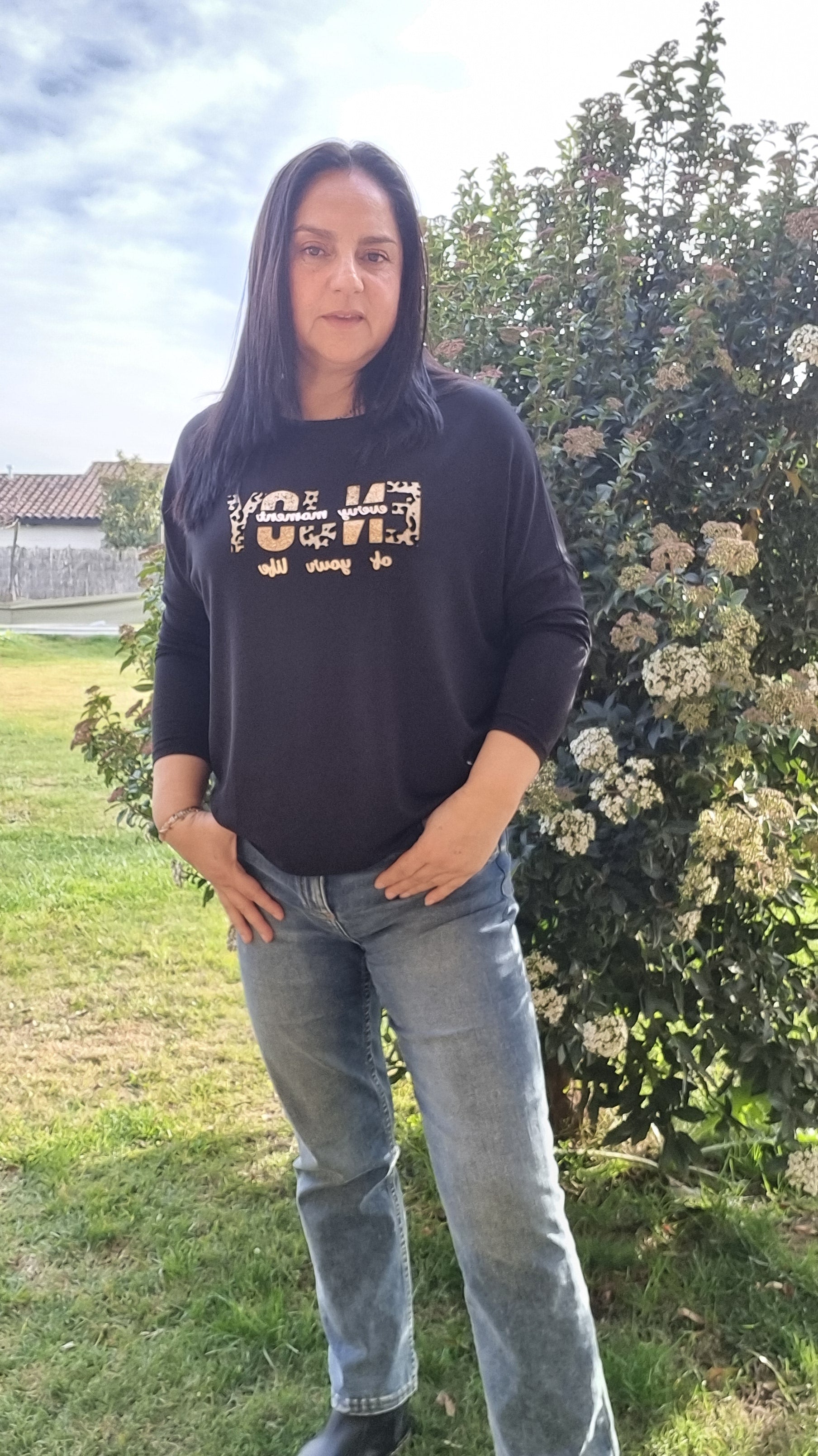 Polera Manga 3/4 Cuadrados Dorados