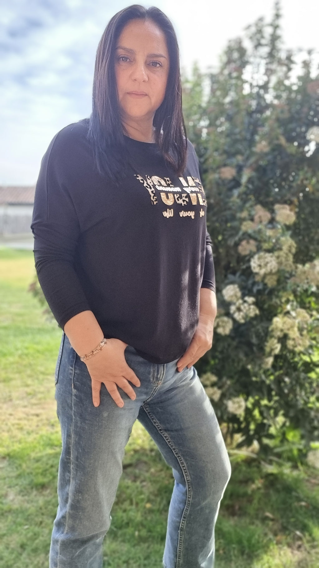 Polera Manga 3/4 Cuadrados Dorados